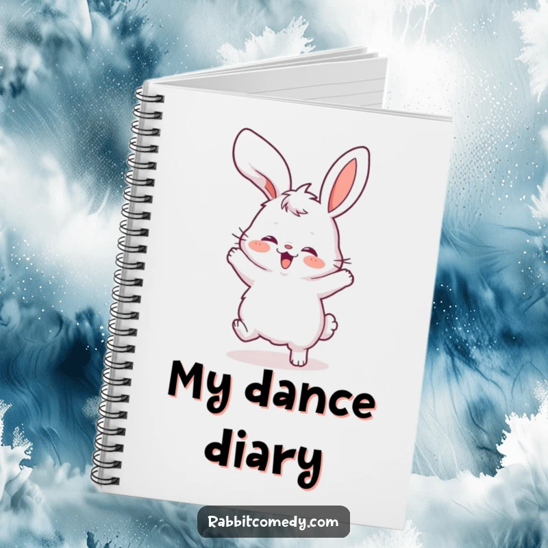Funny notebook cover art: a fluffy rabbit performing a silly dance with its ears flopping wildly, ready for your notes.
