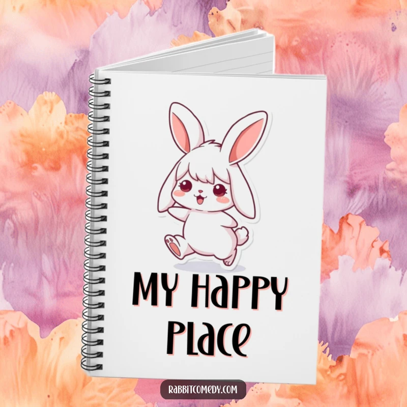 Funny rabbit notebook with a cute bunny with floppy ears joyfully hopping, ideal for jotting down ideas and daily reflections.