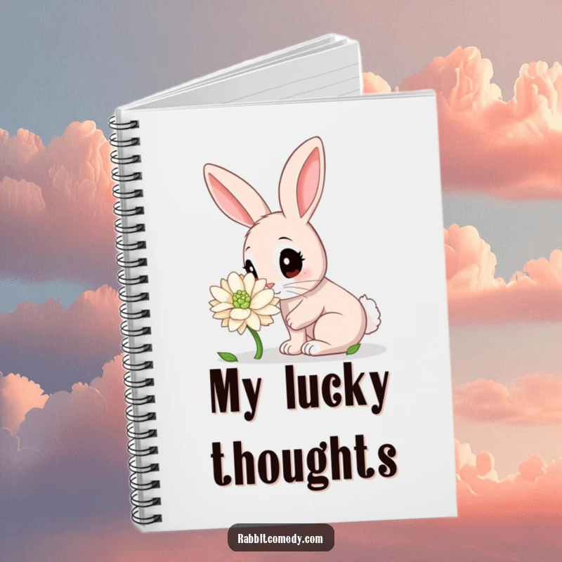 Funny Rabbit Notebook: A wide-eyed rabbit character curiously sniffing a giant clover, perfect for jotting down notes with a smile.