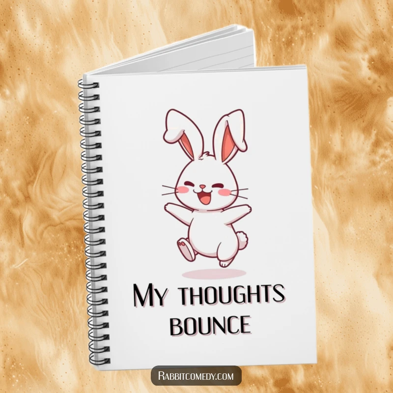 Funny Notebook featuring a rabbit character playfully bouncing with comically floppy ears, perfect for jotting down funny thoughts.