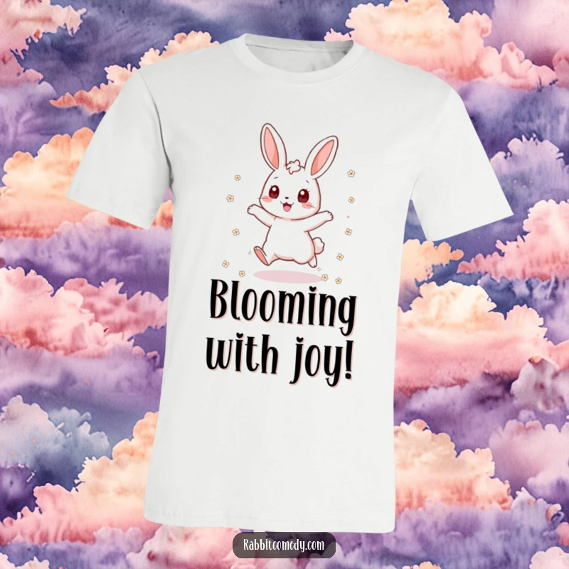 Funny rabbit t-shirt depicting an excited bunny energetically jumping up and down, scattering delicate flowers with pure joy and enthusiasm.