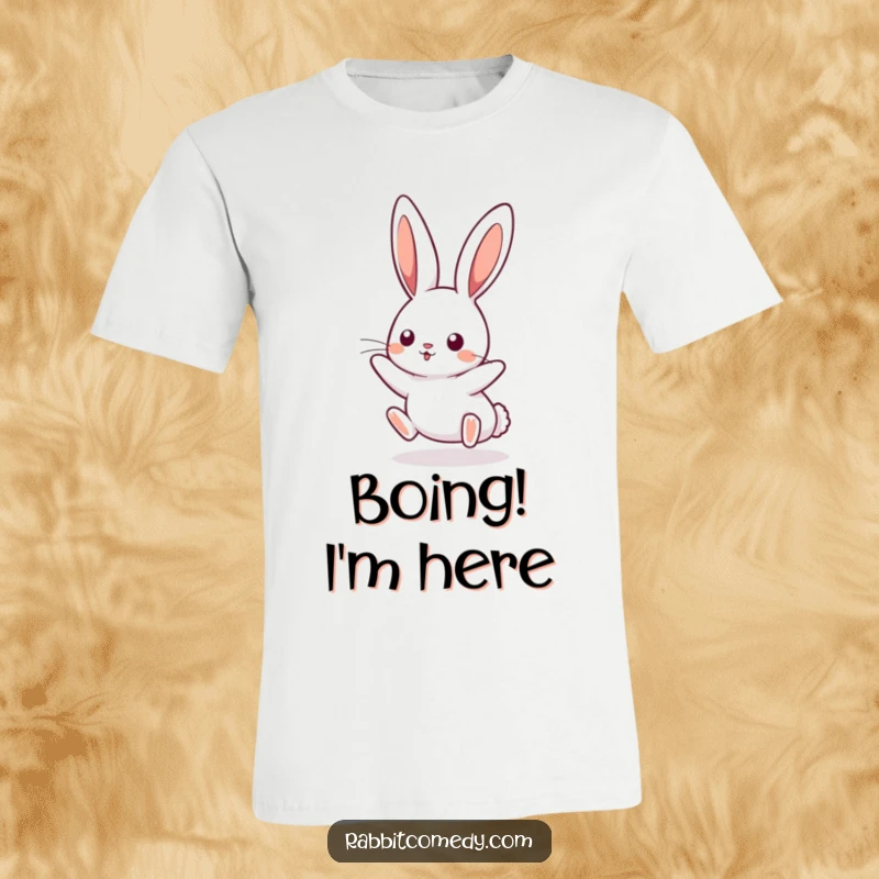 Funny kawaii rabbit t-shirt featuring a cute bunny with ears perked, joyfully boinging mid-air. Playful and adorable graphic.