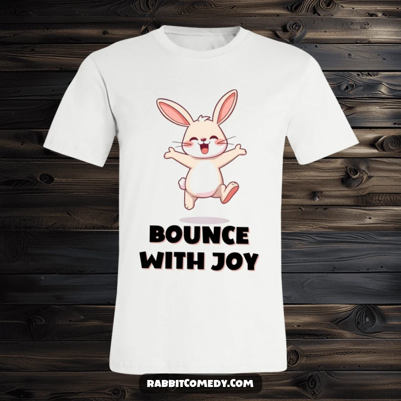 Funny rabbit t-shirt depicting a joyful rabbit character mid-hop with huge, comical, exaggerated leaps.