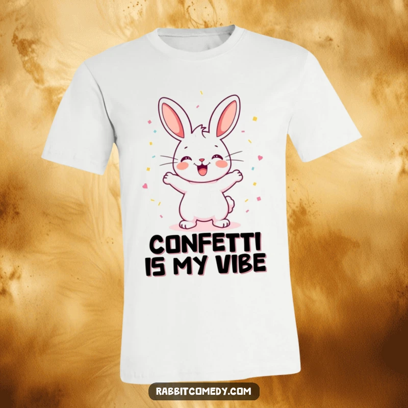 Funny Rabbit T-Shirt: A happy rabbit performs an energetic binky, showering the air with confetti, embodying sheer excitement and delight.