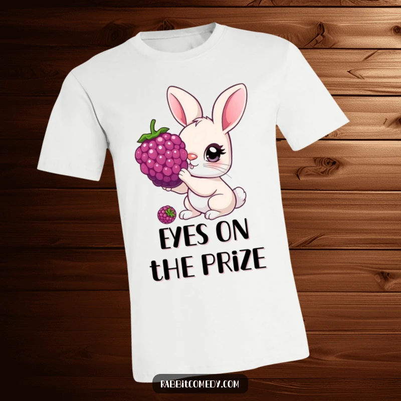 Funny T-Shirt depicting a rabbit with oversized, curious eyes playfully nibbling on a comically giant berry.