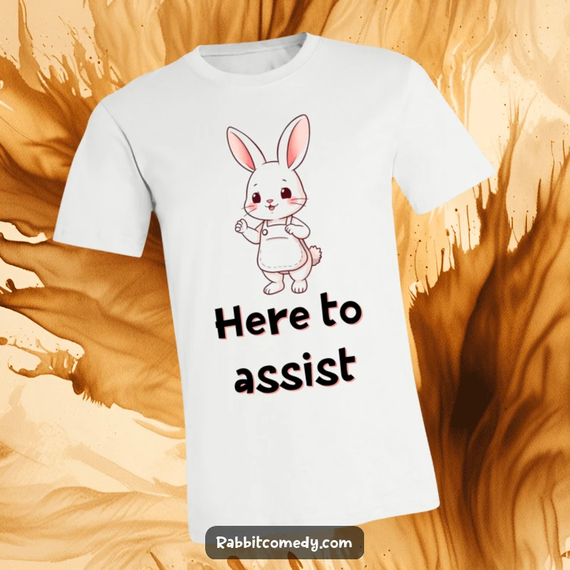 Funny T-shirt showcasing a cute rabbit in a small apron, striking a helpful and welcoming pose for friends.