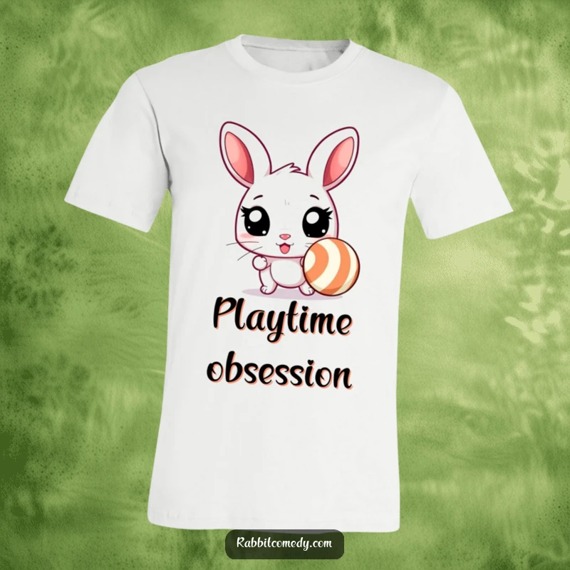 Funny rabbit t-shirt depicting an excited rabbit with wide eyes, ready to chase a bouncing, striped ball, full of playful humor.