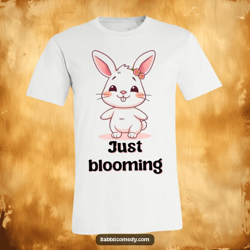 Funny rabbit t-shirt featuring a rabbit with a goofy grin and a flower crown, happily twirling with humorous delight.