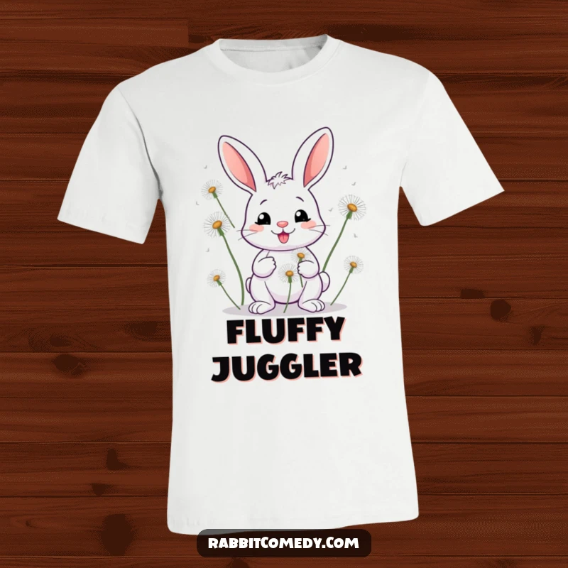 Funny Juggling Rabbit Dandelion T-Shirt: A happy rabbit with a wide grin juggles large dandelion puffs.