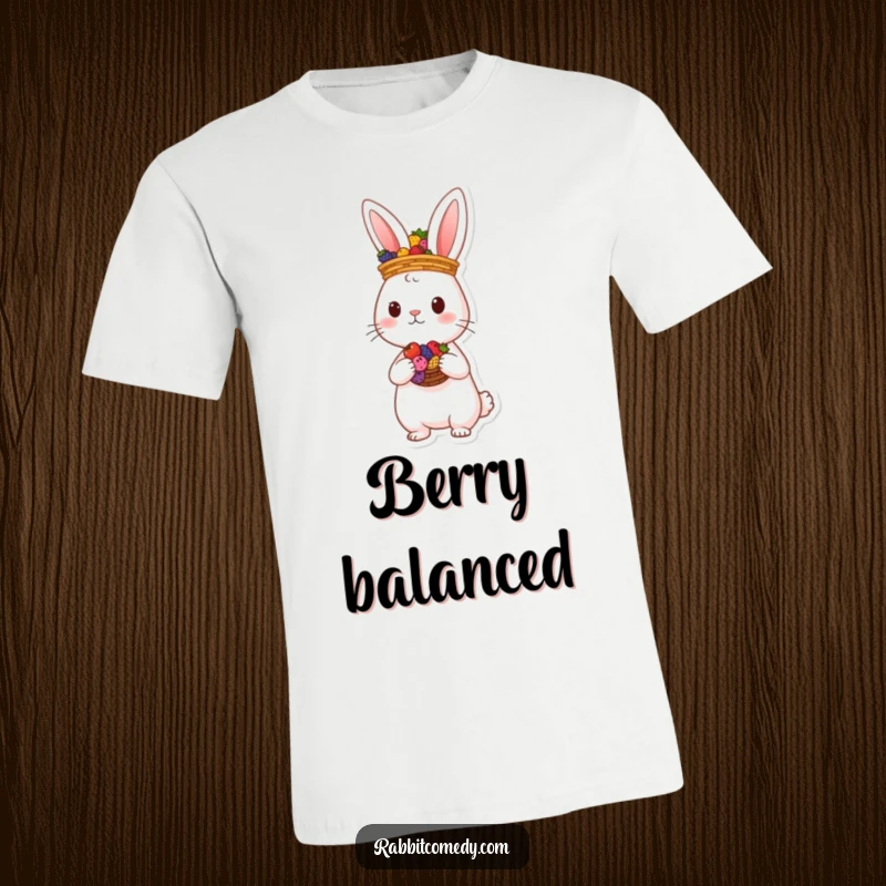 Funny rabbit balancing a basket of colorful berries on its head, depicted on a t-shirt for whimsical style