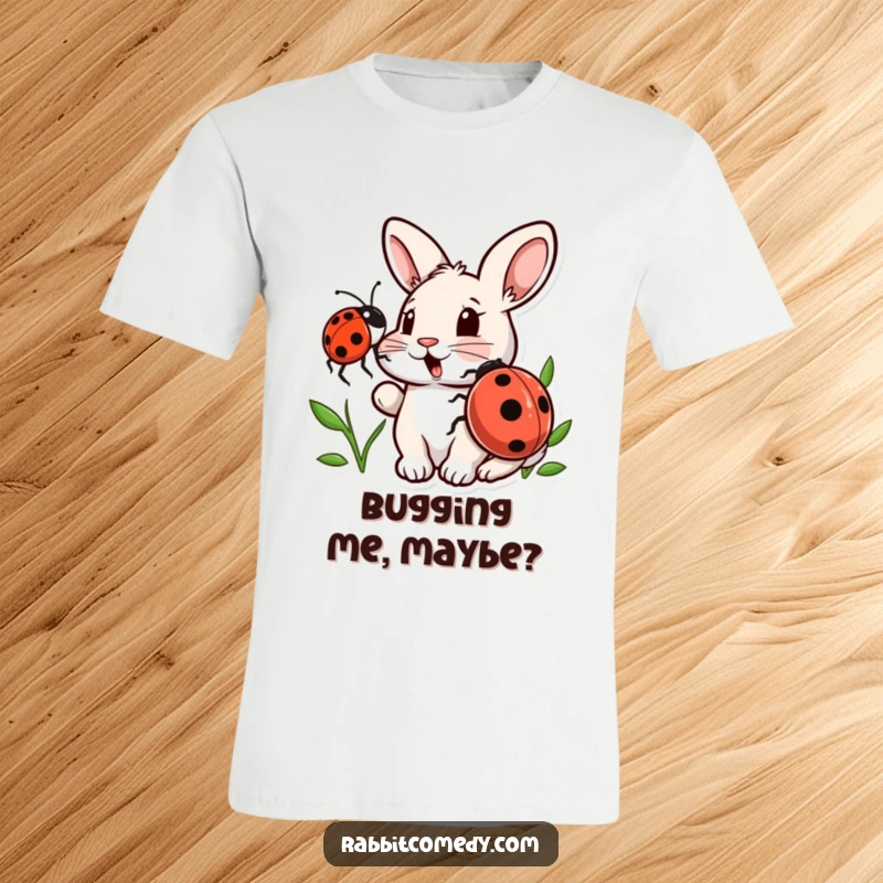 Funny t-shirt featuring a wide-eyed rabbit looking surprised as a small ladybug gently nudges its face, illustrating a sweet, funny moment.