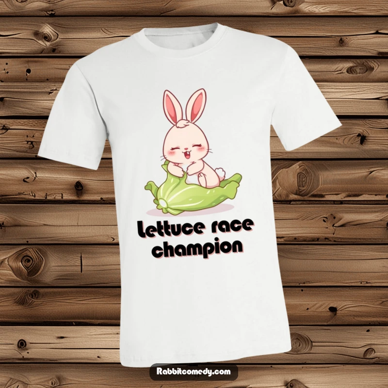 Funny t-shirt graphic of a rabbit comically sliding fast on a big, freshly picked lettuce leaf, embodying chaotic fun.