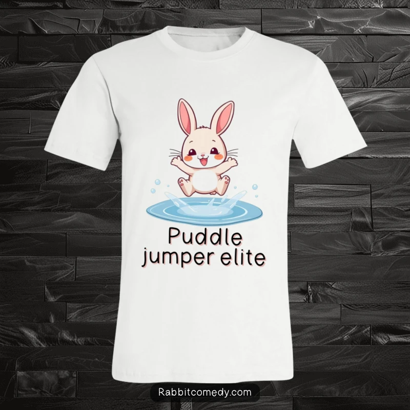 Funny t-shirt featuring a cartoon rabbit mid-air, dramatically leaping over a small, sparkling puddle with a joyful splash.