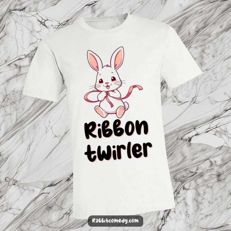 Funny rabbit enthusiastically twirling a colorful ribbon with its paws, depicted on a t-shirt for playful expression