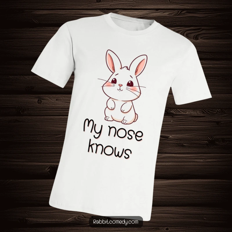 Funny rabbit t-shirt with a cute bunny sniffing the air, its whiskers twitching with curiosity and anticipation.