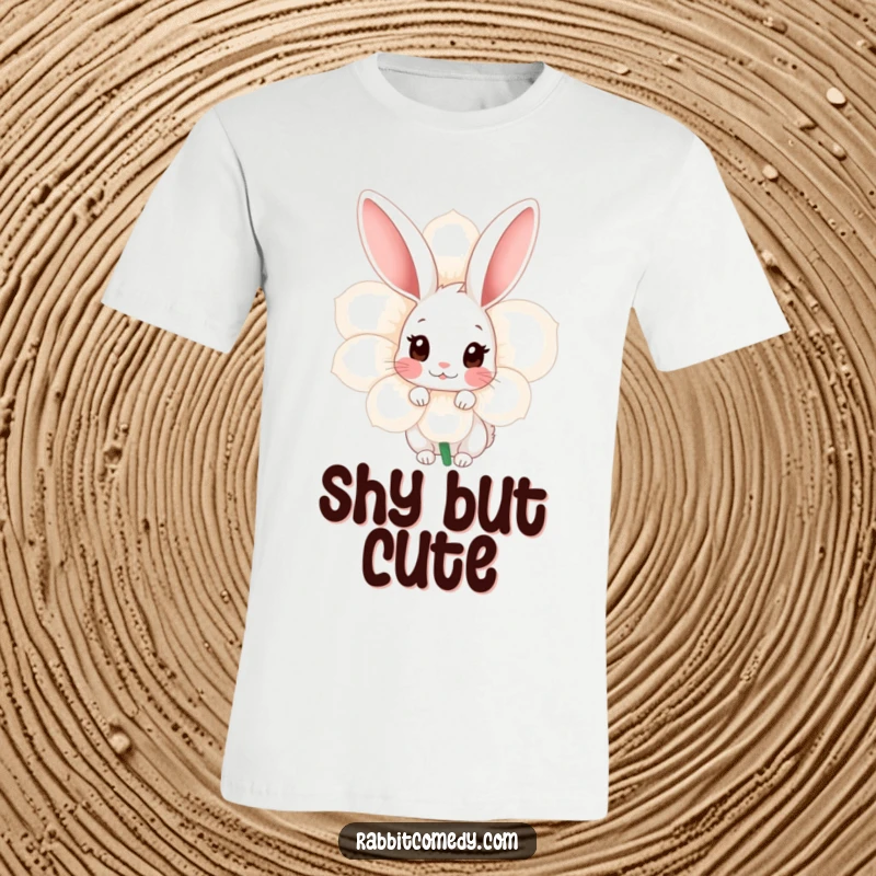 Funny Shy Rabbit T-Shirt: A shy rabbit is shown peeking cautiously from behind a large flower, its expression mild and hesitant.