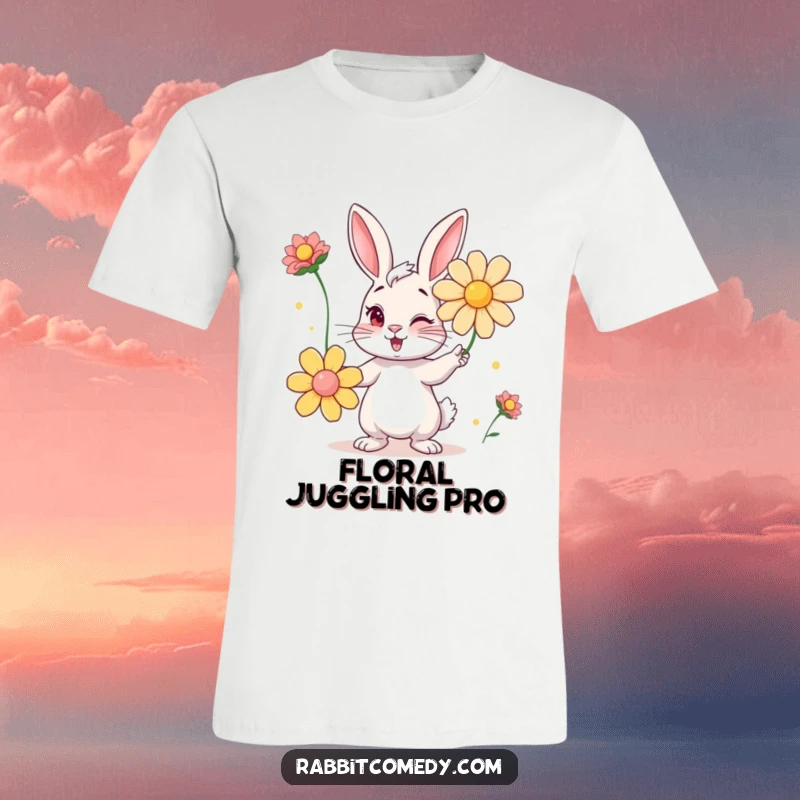 Funny t-shirt depicting a mischievous rabbit winking and juggling oversized, bright flowers with flair and a playful attitude.