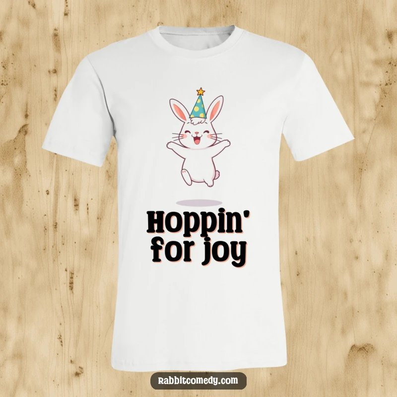 Funny rabbit sporting a party hat, mid-air with a goofy jump, expressing pure joy on this fun t-shirt.