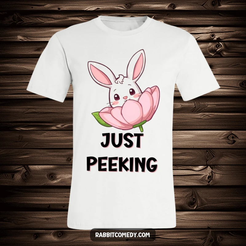 Funny Rabbit Flower T-Shirt: A happy, curious rabbit peeks out from behind a large, colorful flower, looking inquisitive.