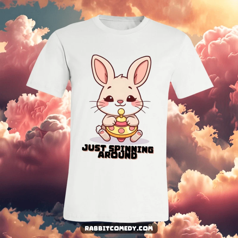 Funny Rabbit T-Shirt: A delightfully silly rabbit is captured mid-spin, energetically playing with a whirring spinning top.