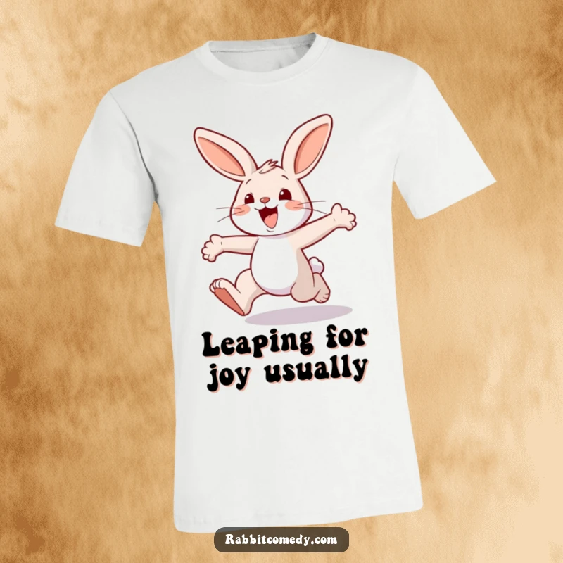 Funny rabbit t-shirt, showcasing an energetic character hopping with massive, exaggerated bounds, conveying infectious happiness.