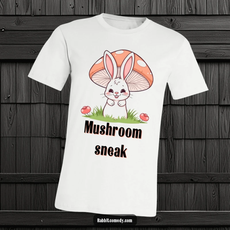 Funny t-shirt with a cartoon rabbit sporting a mischievous grin, peeking out from behind a large, striped mushroom.