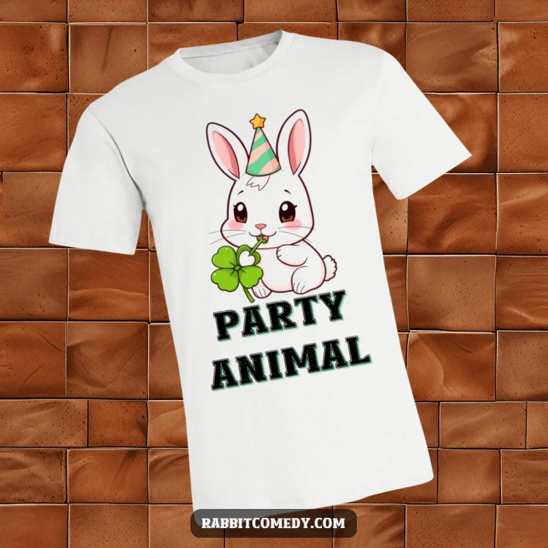 Funny Party Rabbit Clover T-Shirt: A happy rabbit wearing a small party hat joyfully eats a clover leaf.