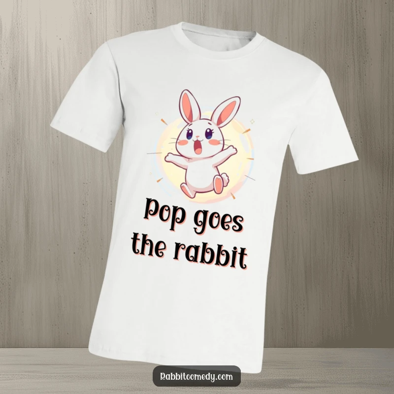 Funny Rabbit T-Shirt: A surprised rabbit dramatically leaps backward from a bursting, shimmering bubble, showcasing utter shock and surprise.