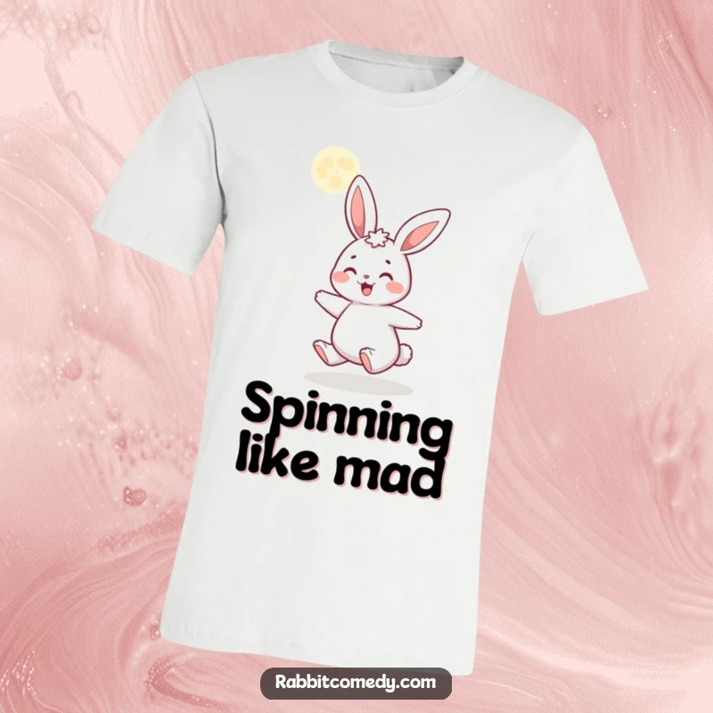 Funny T-shirt showing a gleeful cartoon rabbit energetically spinning under a radiant, glittering moon, celebrating pure joy and wonder.