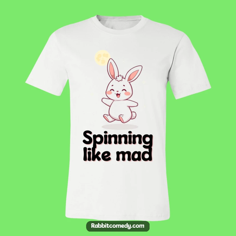 Funny Gleeful Rabbit T-Shirt: Joyful Cartoon Spinning Under Glittering Moon Apparel Gift