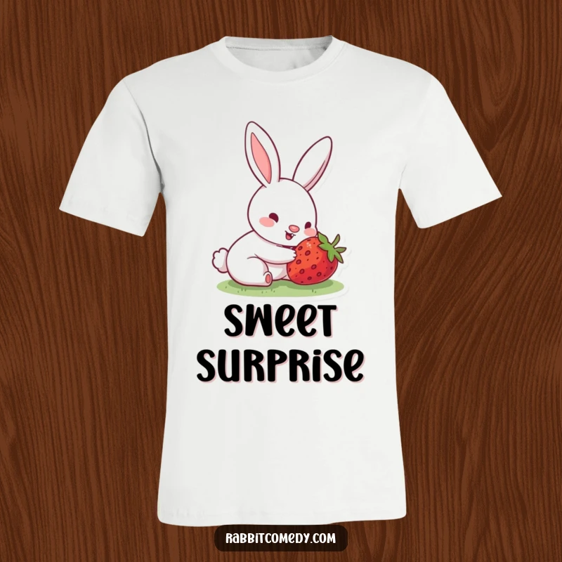 Funny t-shirt featuring a rabbit with a twitching nose and a look of pure bliss upon discovering a hidden, ripe strawberry.