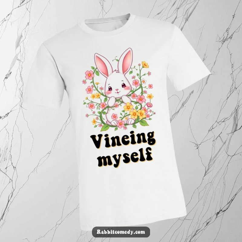 Funny t-shirt depicting a cute rabbit adorably tangled in a vibrant, whimsical vine of blooming flowers, showcasing organic humor.