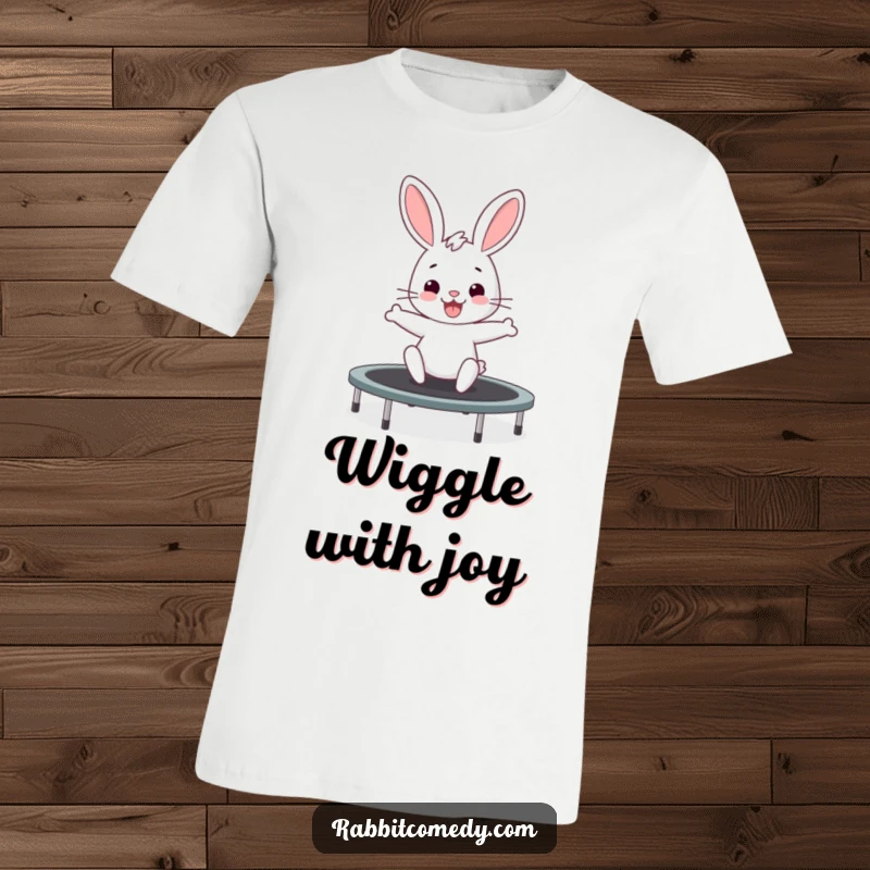 Funny rabbit t-shirt with a cute bunny wiggling with excitement while bouncing high on a trampoline, full of energy.