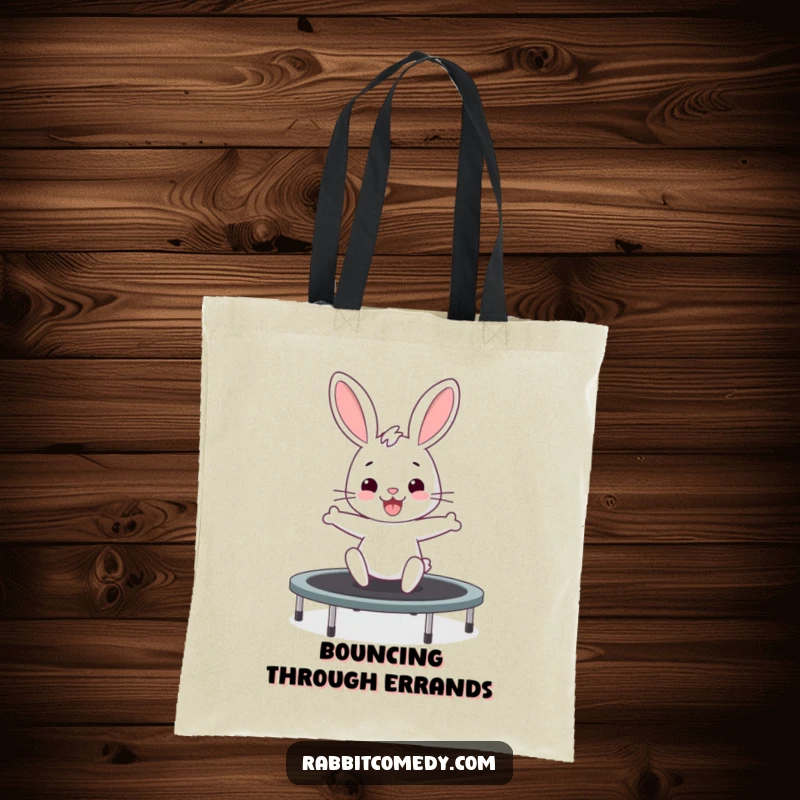 Funny rabbit tote bag showing a bunny wiggling with excitement while bouncing on a trampoline, a fun accessory.
