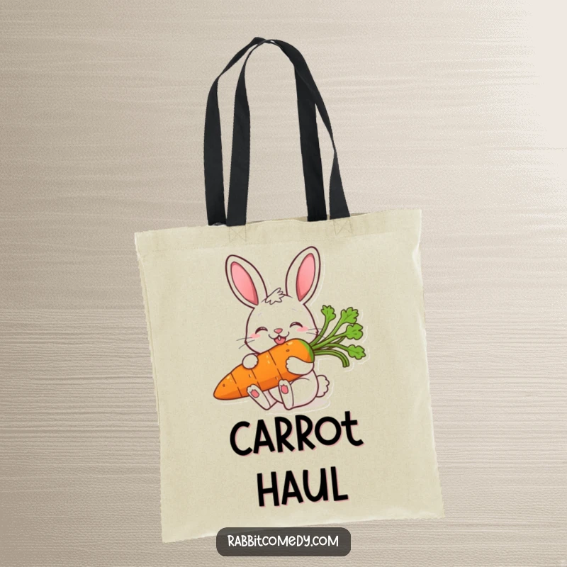 Funny tote bag showing a rabbit with a big grin, happily nibbling on a giant, delicious carrot, perfect for carrying joys.