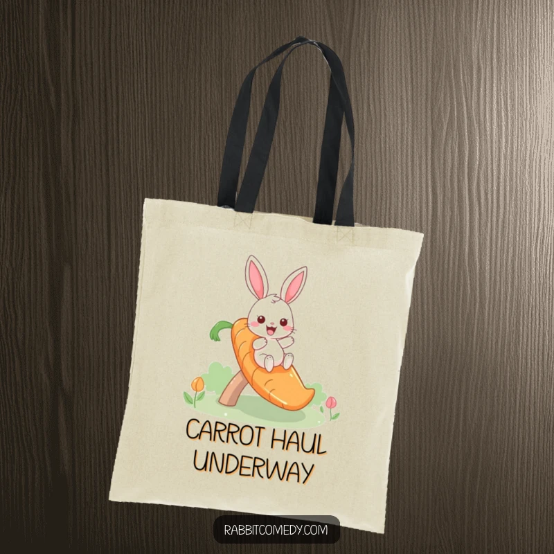 Funny tote bag with a giddy rabbit character sliding down a giant carrot slide, perfect for carrying fun and essentials.