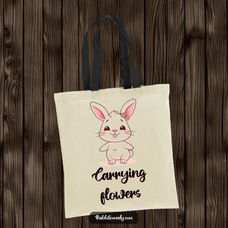 Funny rabbit tote bag featuring a rabbit with a goofy grin and flower crown, twirling with humorous, joyful abandon.