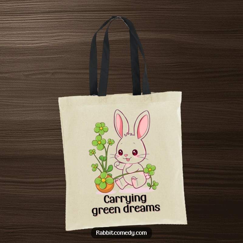 Funny rabbit character in a delightful chase after a rolling clover, eyes sparkling, featured on a durable tote bag.