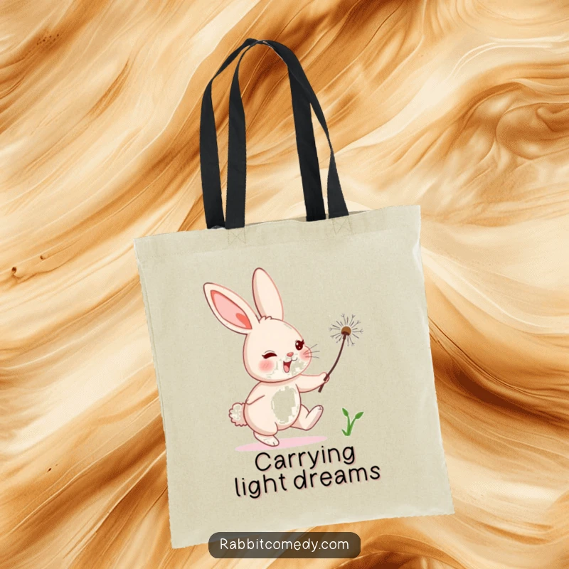 Funny rabbit character comically chasing a tiny, floating dandelion seed, on a practical and humorous tote bag.
