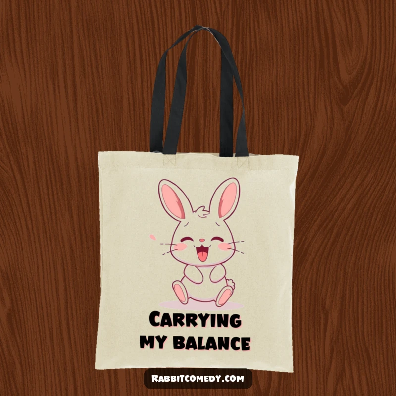 Funny rabbit character recovering from a slight stumble with a squeak of delight, shown on a practical and humorous tote bag.