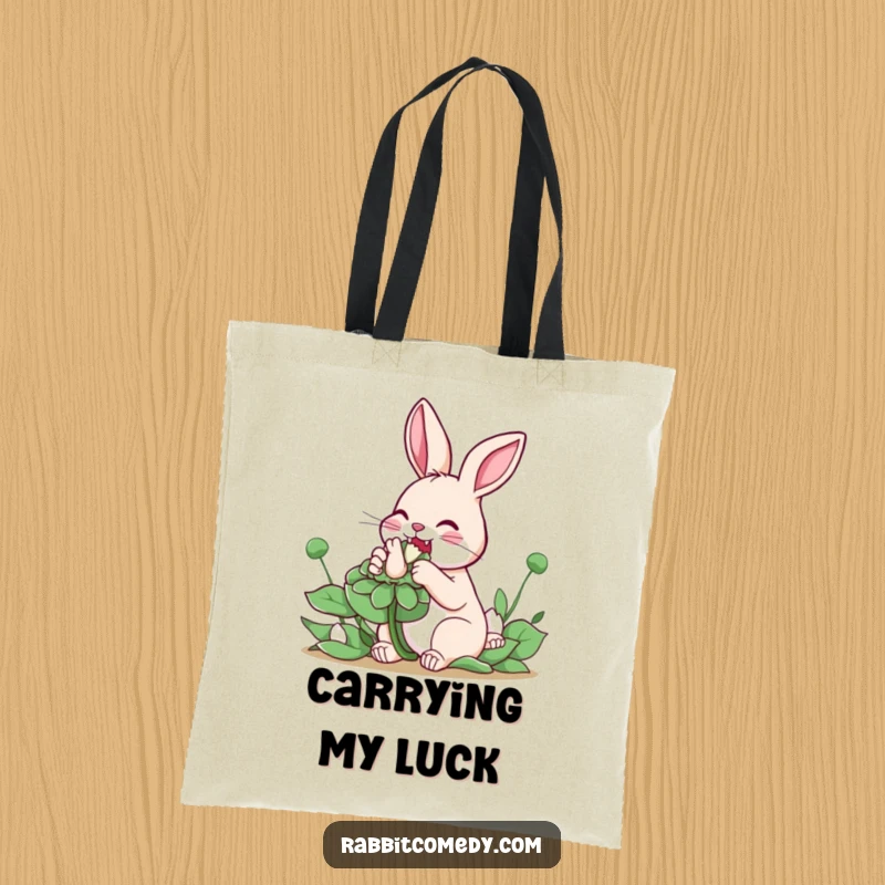 Funny Rabbit Clover Tote Bag: A cute rabbit is shown gleefully nibbling on an oversized clover, symbolizing good luck and joyous eating.