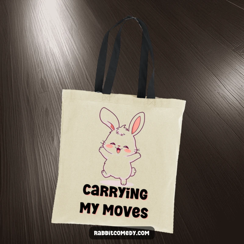 Funny tote bag featuring a fluffy rabbit enthusiastically doing a silly dance, its floppy ears adding to the comical scene.