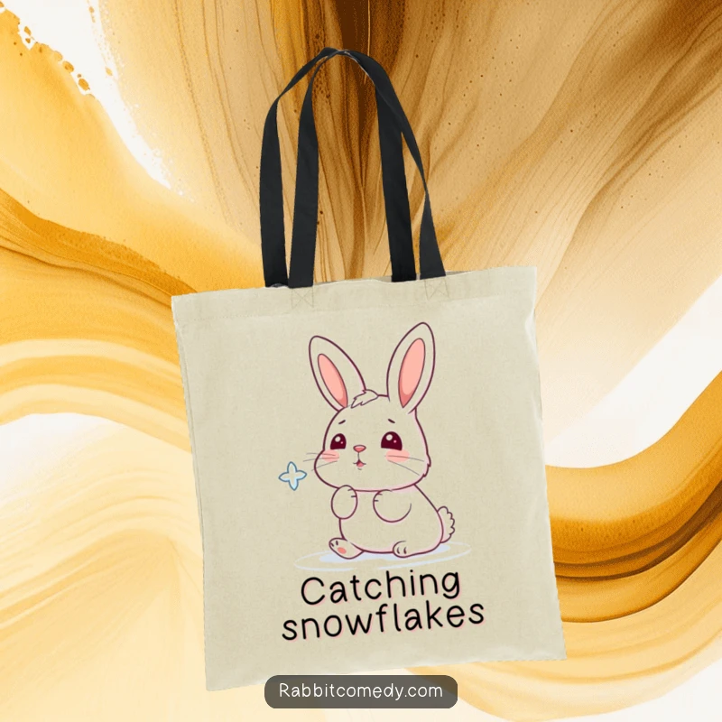 Funny tote bag showing a cartoon rabbit playfully trying to catch a falling snowflake with its nose.