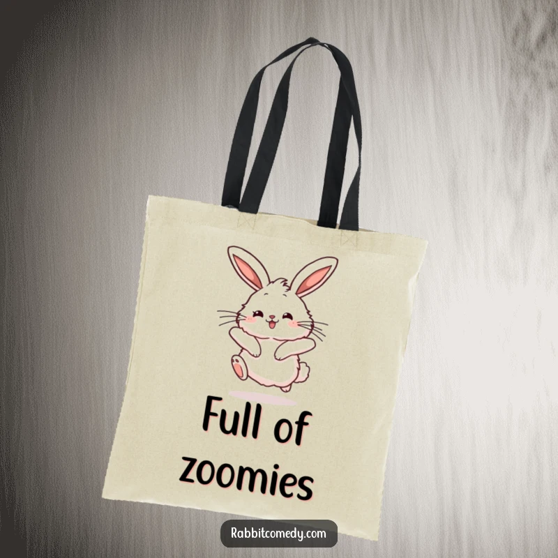 Funny rabbit tote bag illustrated with a fluffy character mid-hop, long ears twitching, radiating pure joy and playful energy.