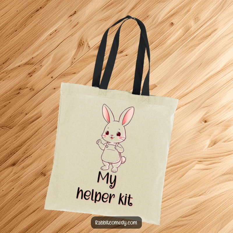 Funny tote bag adorned with a cute rabbit character in a miniature apron, striking a helpful and endearing pose.