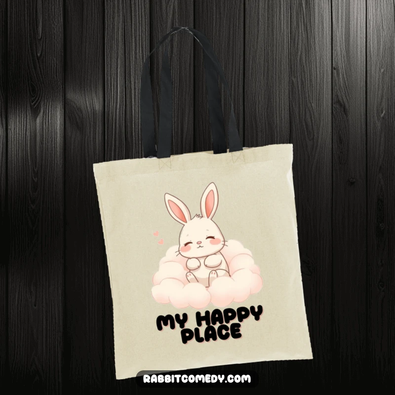 Funny rabbit tote bag with a rabbit contentedly sighing amidst soft, fluffy clouds, offering humorous peacefulness.