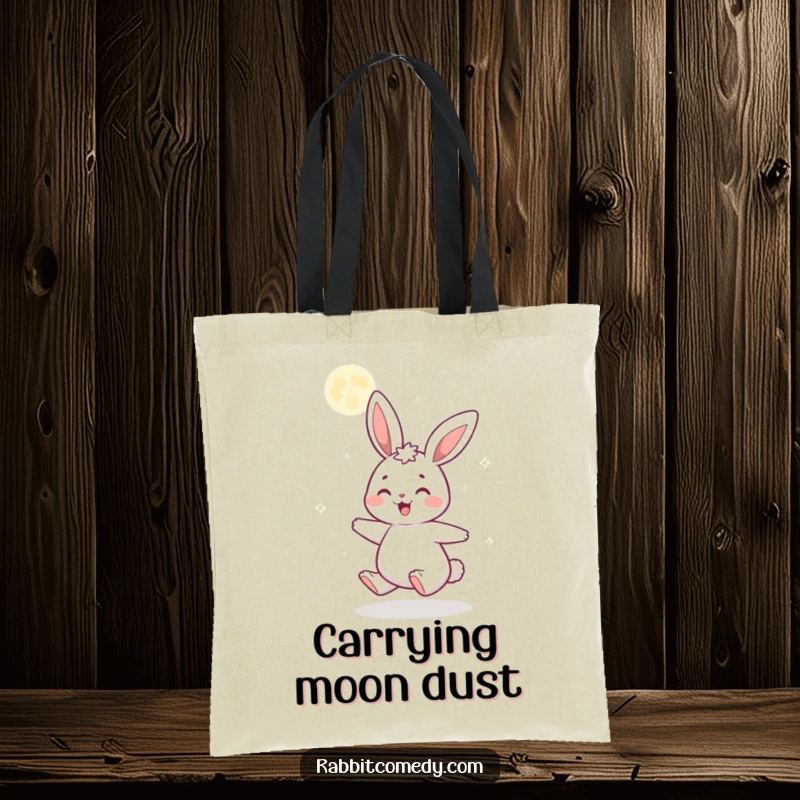 Funny tote bag showcasing a gleeful cartoon rabbit spinning with delight under a sparkling, glittery moon, designed for carrying essentials with magic.