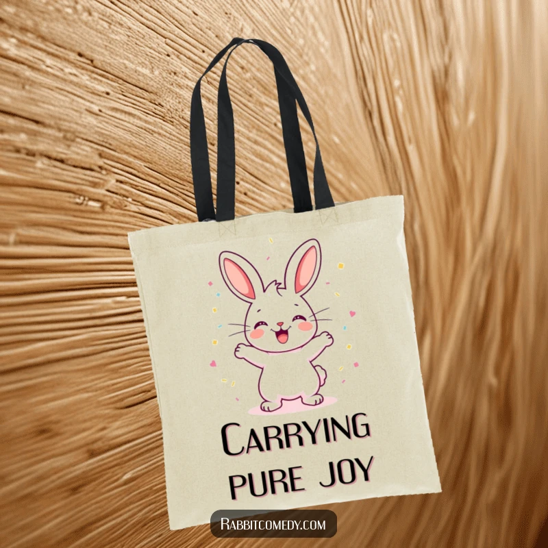 Funny Rabbit Tote Bag: A happy rabbit performs an excited binky, leaving a cloud of confetti, showcasing pure joy and festive celebration.