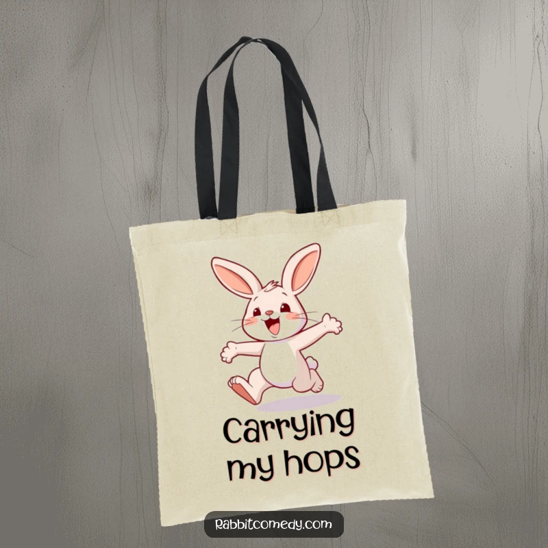 Funny rabbit tote bag, illustrating an energetic character mid-leap with exaggerated bounds, embodying pure, happy motion.