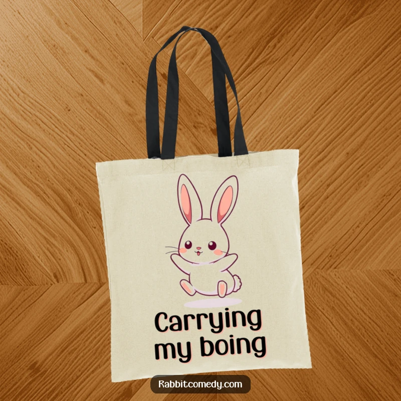 Funny kawaii rabbit tote bag, picturing a cute bunny boinging mid-air with its ears perked. Humorous and practical accessory.